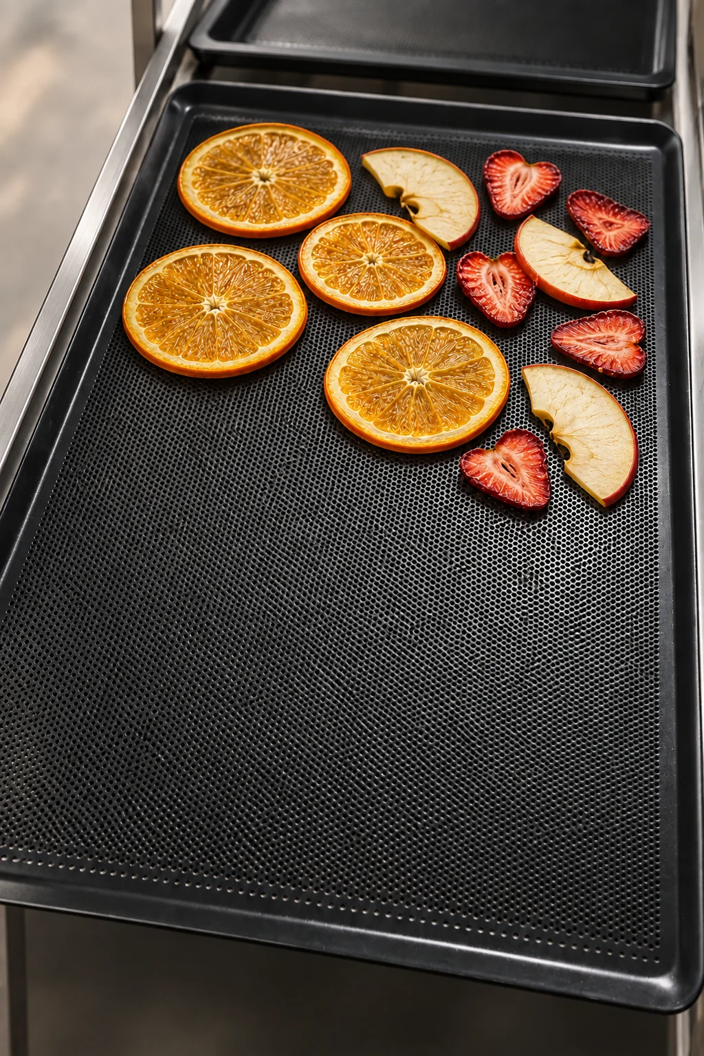 Detalle ilustrativo de una bandeja negra perforada con fruta y apoyos laterales metálicos